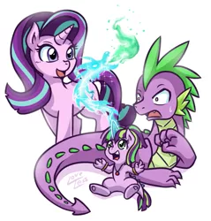 Size: 611x638 | Tagged: safe, artist:vavacung, derpibooru import, spike, starlight glimmer, oc, oc:burning star, dracony, dragon, hybrid, pony, bracelet, cute, dragon magic, dragon spirit, female, interspecies offspring, magic, male, mare, necklace, offspring, older, older spike, open mouth, parent:spike, parent:starlight glimmer, parents:sparlight, prone, shipping, simple background, sitting, smiling, sparlight, straight, surprised, sweatdrop, trio, underhoof, vavacung is trying to murder us, white background, wide eyes