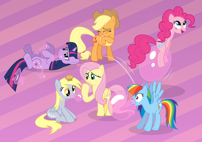 Size: 8515x6000 | Tagged: safe, artist:plsim, derpibooru import, applejack, derpy hooves, fluttershy, pinkie pie, rainbow dash, twilight sparkle, pegasus, pony, absurd resolution, bouncing, bubblegum, female, food, gum, mare, muffin, pinkie being pinkie, pinkie physics