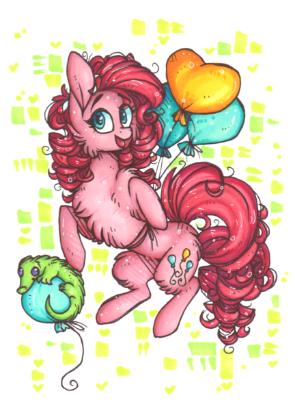 Size: 777x1078 | Tagged: artist:tenebristayga, balloon, dead source, derpibooru import, fluffy, gummy, pinkie pie, rearing, safe, simple background, solo, then watch her balloons lift her up to the sky, traditional art, transparent background