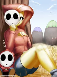 Size: 2000x2667 | Tagged: anthro, artist:burgerkiss, clothes, crossover, derpibooru import, fluttershy, fluttershy guy, high res, hoodie, looking at you, mask, nintendo, safe, shy guy, sleeping, super mario bros., tree