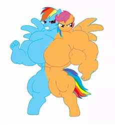 Size: 858x931 | Tagged: artist:theunknowenone1, buff, conjoined, derpibooru import, female, fusion, multiple heads, muscles, not salmon, overdeveloped muscles, rainbow dash, rainbuff dash, scootaloo, source needed, strongaloo, suggestive, two heads, useless source url, wat, we have become one