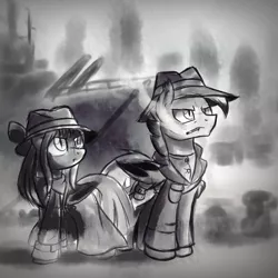 Size: 2000x2000 | Tagged: safe, artist:ruhisu, derpibooru import, oc, unofficial characters only, bat pony, pony, bay, black and white, cigarette, city, clothes, coat, destroyer, detective, female, fog, grayscale, harbor, hat, male, mare, mist, monochrome, noir, ship, sketch, smoking, stallion, wip