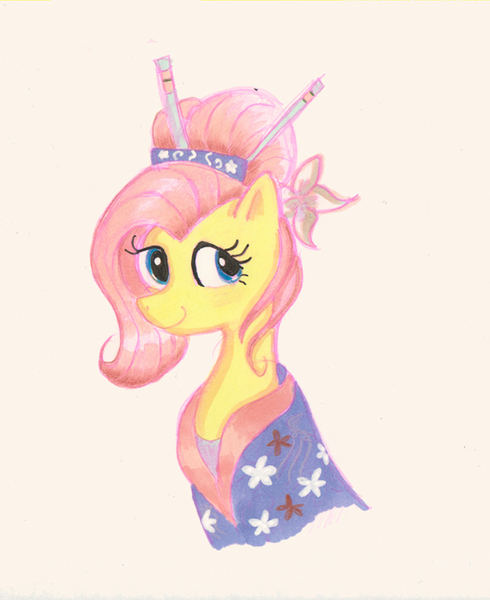 Size: 600x735 | Tagged: safe, artist:praysforaprankster, derpibooru import, fluttershy, alternate hairstyle, bust, chopsticks, chopsticks in hair, clothes, flower, flower in hair, kimono (clothing), kushi kanzashi, portrait, solo