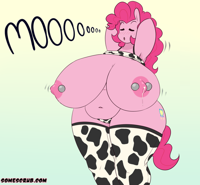 Size: 1280x1186 | Tagged: anthro, armpits, artist:somescrub, bbw, belly, big belly, big breasts, breast milk, breasts, busty pinkie pie, chubby, clothes, cow girl, cowprint, derpibooru import, fat, female, huge breasts, hugtastic pinkie pie, impossibly large breasts, lactation, nipple piercing, nipples, nudity, piercing, pincow pie, pinkie pie, pudgy pie, questionable, saggy, simple background, socks, solo, solo female, thigh highs