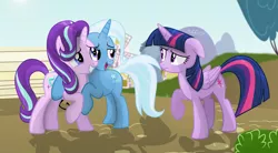 Size: 3538x1953 | Tagged: safe, artist:shutterflyeqd, derpibooru import, starlight glimmer, trixie, twilight sparkle, twilight sparkle (alicorn), alicorn, pony, no second prances, bench, counterparts, female, lesbian, magical trio, mare, open mouth, raised hoof, scene interpretation, shipping, startrix, that was fast, twilight's counterparts