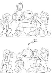 Size: 1322x1857 | Tagged: alcohol, ale, applejack, artist:mistermech, cider, crossover, dark souls, derpibooru import, drinking, monochrome, onion knight, rainbow dash, safe, siegbrau, siegmeyer of catarina, siegward of catarina, sleeping, source needed, zzz