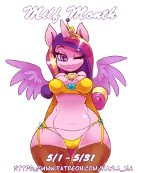 Size: 1681x2000 | Tagged: anthro, artist:bluntwhiskey, breasts, busty princess cadance, derpibooru import, female, milf, milf month, patreon, princess cadance, simple background, solo, solo female, spread wings, suggestive, transparent background, wink