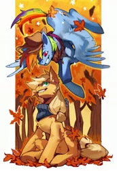 Size: 2031x2952 | Tagged: safe, artist:knifedragon, derpibooru import, part of a set, applejack, rainbow dash, earth pony, pegasus, pony, accessory swap, autumn, clothes, duo, duo female, female, fluffy, flying, image, jpeg, leaves, mare, scarf