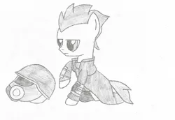 Size: 1026x707 | Tagged: safe, artist:crtical hit, derpibooru import, oc, oc:list, unofficial characters only, earth pony, pony, fallout equestria, fallout, helmet, male, monochrome, ncr, ncr ranger, pipbuck, solo, story included, traditional art, veteran ranger