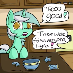 Size: 1280x1280 | Tagged: artist:roflpony, ask-wackylyra, bowl, candy, cupboard, derpibooru import, dialogue, eating, food, implied bon bon, jar, kitchen, looking at you, lyra heartstrings, offscreen character, puffy cheeks, safe, solo, speech bubble, table, wrapper