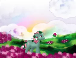 Size: 748x564 | Tagged: artist:kida-ll, cute, derpibooru import, filly, fizzy, fizzybetes, g1, magic, nature, rainbow, safe, solo, younger