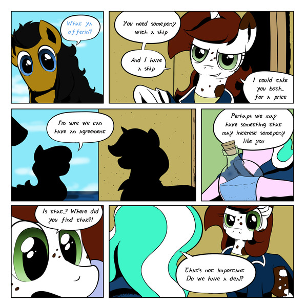 Size: 2192x2196 | Tagged: safe, artist:darkhestur, derpibooru import, oc, oc:cammy, oc:dark, oc:dustlight, unofficial characters only, pony, unicorn, clothes, dialogue, panels, potion, spots, tumblr comic