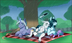 Size: 2676x1632 | Tagged: safe, artist:cosmicminerals, derpibooru import, oc, unofficial characters only, earth pony, pony, unicorn, bald, beauty mark, book, bookmark, colored, doll, drool, field, magic, notebook, pen, pencil, picnic, picnic blanket, plush bunny, plushie, rain, sewing, sewing needle, sleeping, telekinesis, toy, tree