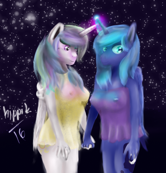 Size: 1634x1708 | Tagged: anthro, artist:hippik, bottomless, breasts, busty princess celestia, busty princess luna, clothes, derpibooru import, female, holding hands, horns are touching, nipples, nudity, princess celestia, princess luna, questionable, see-through