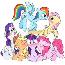 Size: 800x800 | Tagged: safe, artist:okashi-na-artist, derpibooru import, applejack, fluttershy, pinkie pie, rainbow dash, rarity, twilight sparkle, earth pony, pegasus, pony, unicorn, blushing, eyes closed, female, flutterdash, hat, kiss on the cheek, kissing, lesbian, looking at each other, mane six, mare, omniship, raridash, shipping, simple background, smiling, squishy cheeks, transparent background, twijack, twinkie