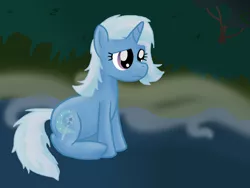 Size: 1600x1200 | Tagged: safe, artist:inkblu, derpibooru import, trixie, pony, unicorn, everfree forest, female, mare, sad, solo