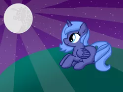 Size: 1600x1200 | Tagged: artist:inkblu, cute, derpibooru import, filly, moon, night, princess luna, safe, solo, woona