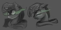 Size: 1323x659 | Tagged: alternate universe, angry, artist:post-it, broken horn, bust, colored sketch, derpibooru import, floppy ears, gray background, grayscale, gritted teeth, monochrome, nose wrinkle, portrait, safe, scrunchy face, simple background, sketch, solo, sword rara, twilich sparkle, twilight sparkle