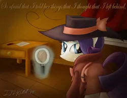 Size: 2427x1884 | Tagged: clothes, derpibooru import, detective, detective rarity, feather, hat, levitation, magic, magnifying glass, pen, rarity, rarity investigates, safe, signature, solo, table, telekinesis