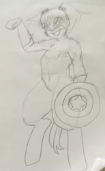 Size: 1672x2717 | Tagged: artist:/d/non, captain america, derpibooru import, monochrome, oc, oc:hope, offspring, parent:lyra heartstrings, pencil drawing, safe, satyr, sketch, traditional art, unofficial characters only