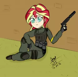 Size: 1500x1475 | Tagged: artist:goldenstorm21, body armor, clothes, counter-strike, counter-strike: global offensive, derpibooru import, fbi, fingerless gloves, gloves, gun, handgun, human, humanized, pistol, pouches, safe, sitting, solo, sunset shimmer, suppressor, weapon