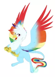 Size: 2726x3765 | Tagged: safe, artist:farewelldecency, deleted from derpibooru, derpibooru import, rainbow dash, gryphon, colored wings, flying, griffonized, multicolored wings, my little griffon, rainbow feathers, rainbow griffon, rainbow wings, signature, simple background, solo, species swap, spread wings, white background, wings