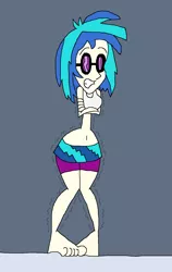 Size: 955x1509 | Tagged: safe, artist:hunterxcolleen, derpibooru import, vinyl scratch, human, equestria girls, belly button, bikini, clothes, cold, feet, freezing, freezing fetish, humanized, shivering, shorts, skirt, snow, solo, swimsuit