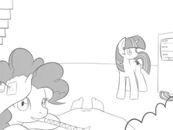 Size: 1024x768 | Tagged: safe, artist:vulapa, derpibooru import, pinkie pie, twilight sparkle, oc, oc:anon, human, clothes, cute, cyoa, cyoa:life in ponyville, diapinkes, first person view, hospital gown, monochrome, offscreen character, petting, pov, story included
