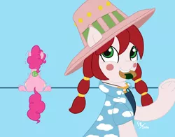 Size: 1280x1003 | Tagged: artist:feralroku, behind, derpibooru import, food, miss goldenweek, mouth hold, oc, oc:palette swap, one piece, pinkie pie, rice cracker, safe, trembling