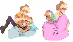 Size: 2415x1387 | Tagged: applebucking thighs, applejack, artist:sundown, derpibooru import, get along shirt, human, humanized, noogie, rainbow dash, safe, winged humanization