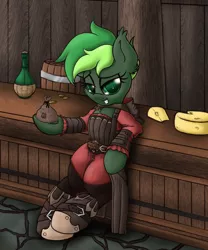 Size: 1280x1535 | Tagged: safe, artist:elppajack, derpibooru import, oc, oc:jaded nights, unofficial characters only, bat pony, pony, alcohol, cheese, clothes, costume, crossover, food, green eyes, rogue, skyrim, solo, tavern, the elder scrolls, wine