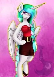 Size: 1065x1500 | Tagged: anthro, arm hooves, artist:blackdark143, braid, braided tail, clothes, derpibooru import, princess celestia, safe, shorts, solo, unguligrade anthro