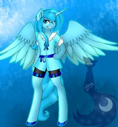 Size: 1325x1432 | Tagged: anthro, arm hooves, artist:blackdark143, clothes, derpibooru import, ear fluff, grin, princess luna, s1 luna, safe, shirt, shorts, solo, spread wings, unguligrade anthro