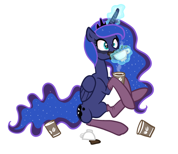 Size: 600x520 | Tagged: safe, artist:stickycrop, derpibooru import, princess luna, alicorn, pony, clothes, coffee, cup, female, food, luna found the coffee, magic, mare, mug, simple background, socks, solo, telekinesis, transparent background, watermark, wide eyes