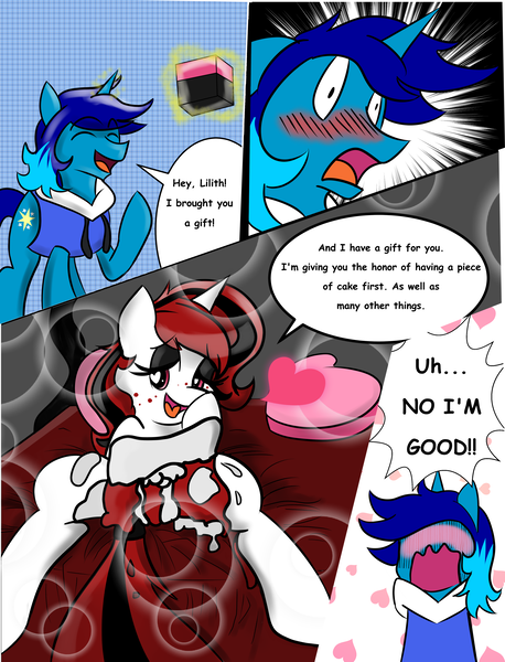 Size: 3508x4600 | Tagged: suggestive, artist:solratic, derpibooru import, oc, oc:light shine, oc:lilith, unofficial characters only, pony, unicorn, absurd resolution, bed, birthday, birthday cake, cake, comic, female, food, heart, lilight, male, mare, stallion