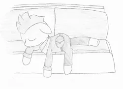 Size: 1200x867 | Tagged: safe, artist:crtical hit, derpibooru import, oc, oc:list, unofficial characters only, earth pony, pony, fallout equestria, booth, fallout, monochrome, sleeping, solo, traditional art