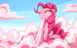 Size: 2560x1600 | Tagged: safe, artist:mysticalpha, derpibooru import, pinkie pie, earth pony, pony, cloud, cotton candy, cotton candy cloud, cute, diapinkes, eating, eyes closed, female, food, mare, solo