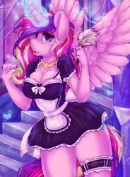 Size: 1280x1738 | Tagged: anthro, artist:dimwitdog, big breasts, breasts, busty princess cadance, cleavage, clothes, derpibooru import, dress, duster, female, garter, heart, looking at you, magic, maid, open mouth, princess cadance, skirt, solo, solo female, suggestive, telekinesis, thighs