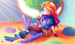 Size: 1920x1136 | Tagged: safe, artist:halem1991, derpibooru import, sunset shimmer, twilight sparkle, twilight sparkle (alicorn), equestria girls, airbrush, beach, book, boop, clothes, crepuscular rays, cute, duo, eyes closed, fingerless gloves, gloves, halem1991 is trying to murder us, nose wrinkle, ocean, painting, reading, shimmerbetes, signature, sitting on person, smiling, sunlight, twiabetes, twilight is not amused, unamused