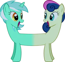 Size: 3000x2858 | Tagged: safe, artist:bluetech, derpibooru import, bon bon, lyra heartstrings, sweetie drops, earth pony, pony, unicorn, do princesses dream of magic sheep, .svg available, catdog, female, funny, fusion, inkscape, lesbian, looking at each other, lyrabon, lyrabon (fusion), mare, open mouth, shared dream, shipping, simple background, smiling, transparent background, vector