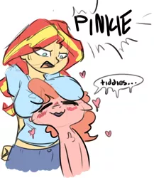 Size: 672x774 | Tagged: suggestive, artist:nobody, derpibooru import, pinkie pie, sunset shimmer, equestria girls, annoyed, big breasts, blushing, boobhat, breasts, busty sunset shimmer, chest fluff, clothes, cute, dialogue, diapinkes, female, heart, lesbian, pinkie loves bacon bits, pony on human action, sunsetpie, wavy mouth