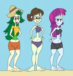 Size: 1645x1705 | Tagged: safe, artist:hunterxcolleen, derpibooru import, mystery mint, sophisticata, sweet leaf, human, equestria girls, 1000 hours in ms paint, background human, beach, belly button, bikini, clothes, feet, ms paint, shorts, swimsuit