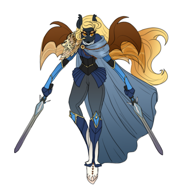 Size: 1000x973 | Tagged: safe, artist:melodybell, derpibooru import, oc, oc:regina liliac, unofficial characters only, anthro, bat pony, anthro oc, bat pony oc, cape, clothes, dual sword, female, looking at you, mare, solo, sword, weapon