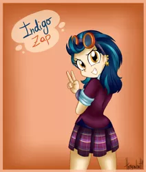 Size: 1024x1210 | Tagged: safe, artist:queentigrel, derpibooru import, indigo zap, equestria girls, friendship games, clothes, ear piercing, earring, goggles, gradient background, jewelry, looking at you, looking back, looking back at you, looking over shoulder, over shoulder, peace sign, piercing, school uniform, solo
