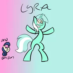 Size: 1000x1000 | Tagged: safe, artist:goldenled, derpibooru import, bon bon, lyra heartstrings, sweetie drops, pony, bipedal, bon bon is not amused, gradient background, irrational exuberance, looking at you, lyra is amused, smiling, text