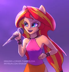 Size: 660x688 | Tagged: safe, artist:raikoh, derpibooru import, sunset shimmer, equestria girls, rainbow rocks, bracelet, jewelry, microphone, open mouth, patreon, ponied up, singing, sleeveless, solo