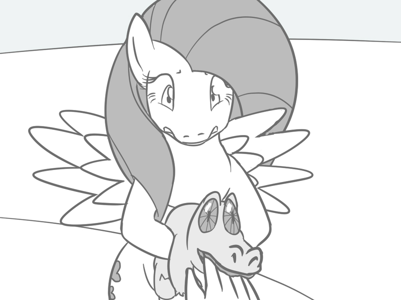 Size: 1024x768 | Tagged: safe, artist:vulapa, derpibooru import, fluttershy, gummy, oc, oc:anon, human, adult, biting, cyoa, cyoa:life in ponyville, first person view, hand, monochrome, nom, offscreen character, pov, story included