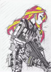 Size: 2468x3476 | Tagged: safe, artist:dragonemperror2810, derpibooru import, sunset shimmer, equestria girls, badass, call of duty advanced warfare, crossover, exosuit, solo