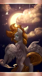 Size: 1024x1845 | Tagged: safe, artist:segraece, derpibooru import, oc, oc:golden rain, unofficial characters only, pegasus, pony, epic, looking at you, melting, moon, night, solo, standing