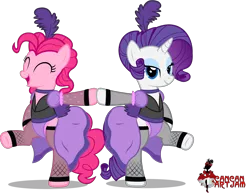 Size: 2560x2009 | Tagged: suggestive, artist:zacatron94, derpibooru import, pinkie pie, rarity, pony, bipedal, can-can, clothes, panties, raripanty, saloon dress, saloon pinkie, simple background, socks, stockings, thigh highs, transparent background, underwear, vector